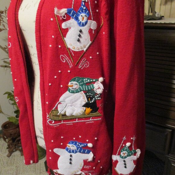 Holiday Red Zippered Sweater w/Appliqued Snowman, Pearls, Sequins & Embroidery - Picture 2 of 4